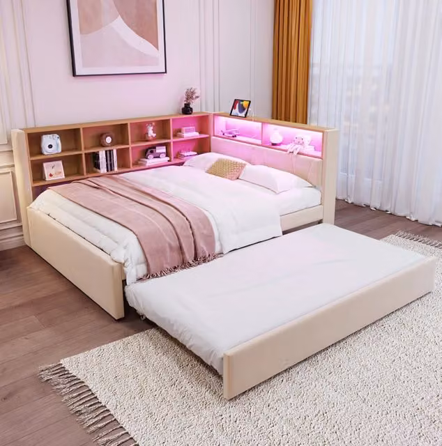 Divano letto multifunzionale 140x200 cm con letto estraibile 90x190 cm; LED e prese; beige