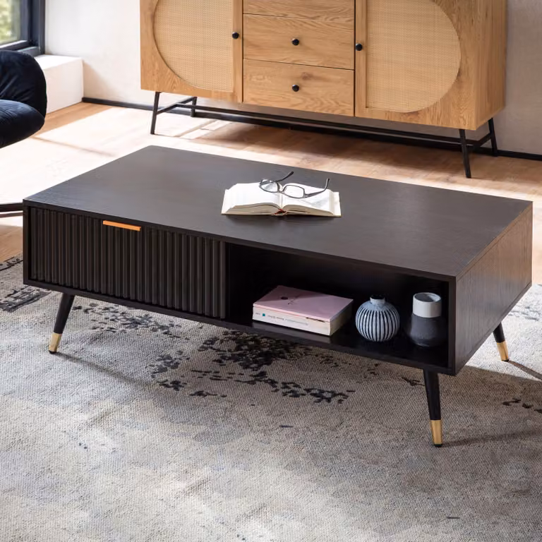 FineBuy Tavolino 110x60x43 cm Nero con decoro in rovere Tavolo da soggiorno Tavolo rettangolare da divano con vano portaoggetti Tavolino con cassetti Tavolo da soggiorno