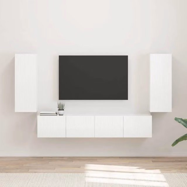 Set di 4 pezzi Mobiletto da TV sospeso Design In Bianco Lucido in Legno per Soggiorno o Home Office
