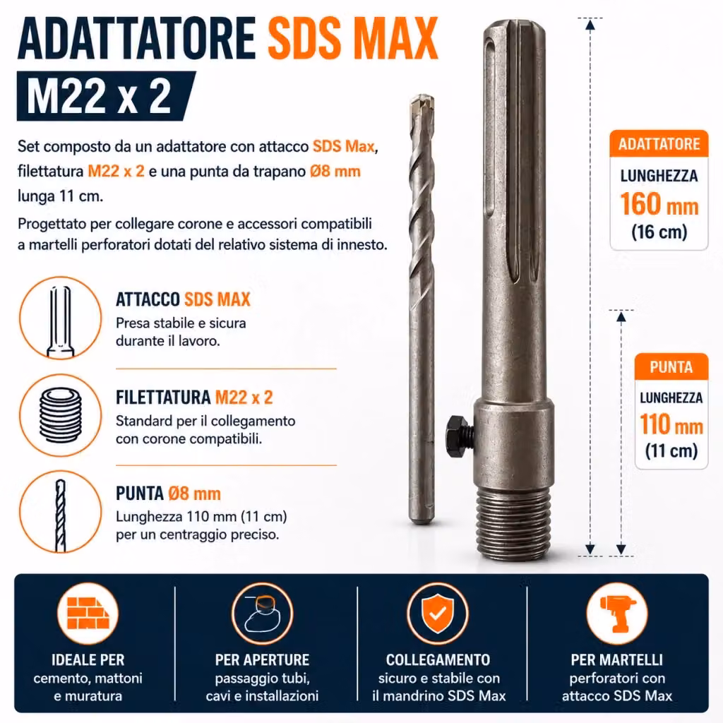 Adattatore SDS Max M22 x 2 con Punta 8x110 mm, Colore Argento – 2