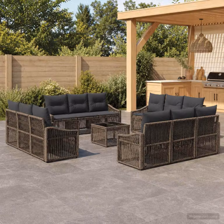 Set Divano da Giardino vidaXL 13 pz Grigio in Polyrattan con Cuscini e Tavolino