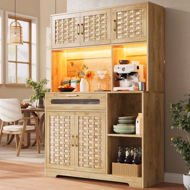 Alta Vetrina da Salotto/Cucina/Bar 120x40x180 cm, MDF tessuto, con Cassetti e Illuminazione LED
