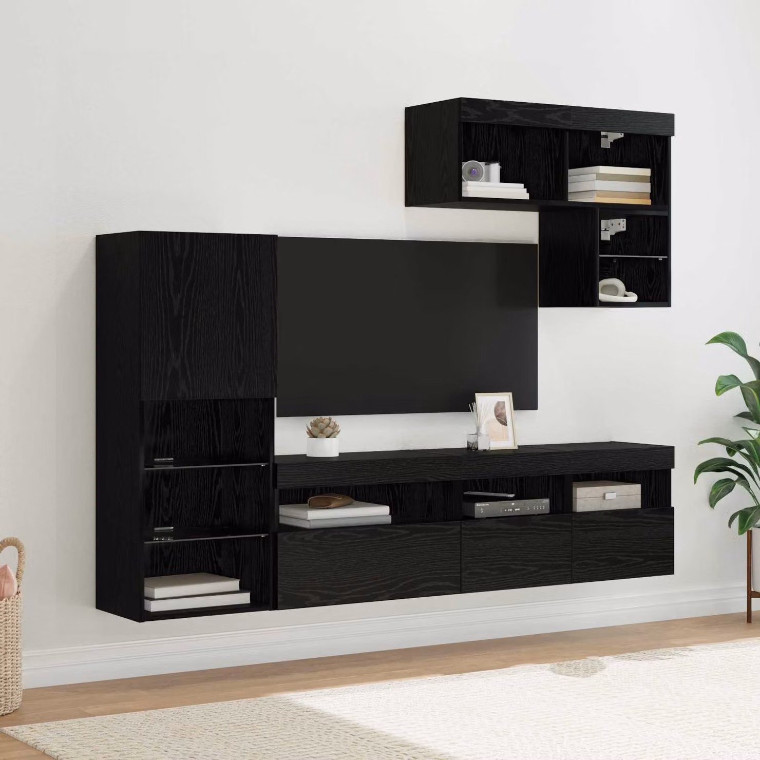 Unità per TV da parete vidaXL in 6 pezzi, design moderno in legno ingegnerizzato MDF, colore Rovere Nero opaco