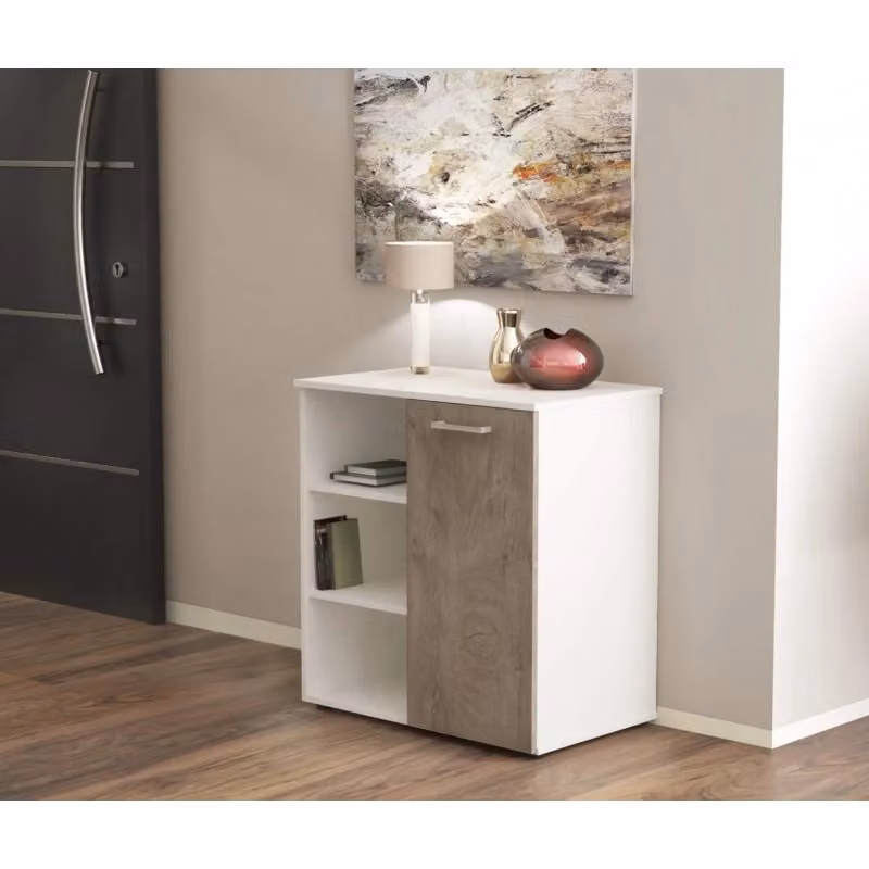 Mobiletto Cosma con 1 anta e 3 mensole in bianco e rovere chiaro – 2
