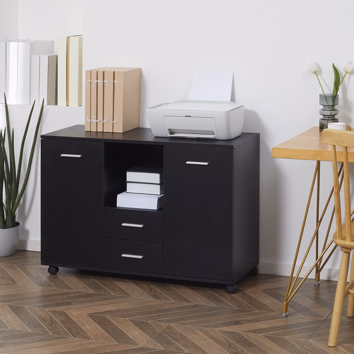 Mobile Ufficio Multifunzionale Aosom con 2 Ante, 2 Cassetti e 4 Ruote, Nero, L 100 x P 40 x H 71 cm – 2