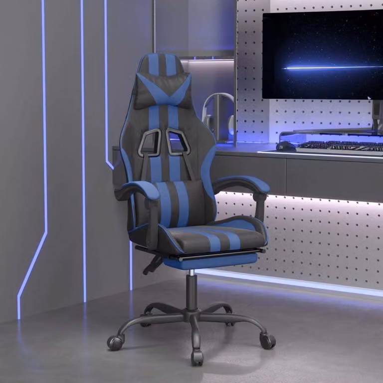 The Living Store Sedia da gioco con poggiapiedi in ecopelle nera e blu