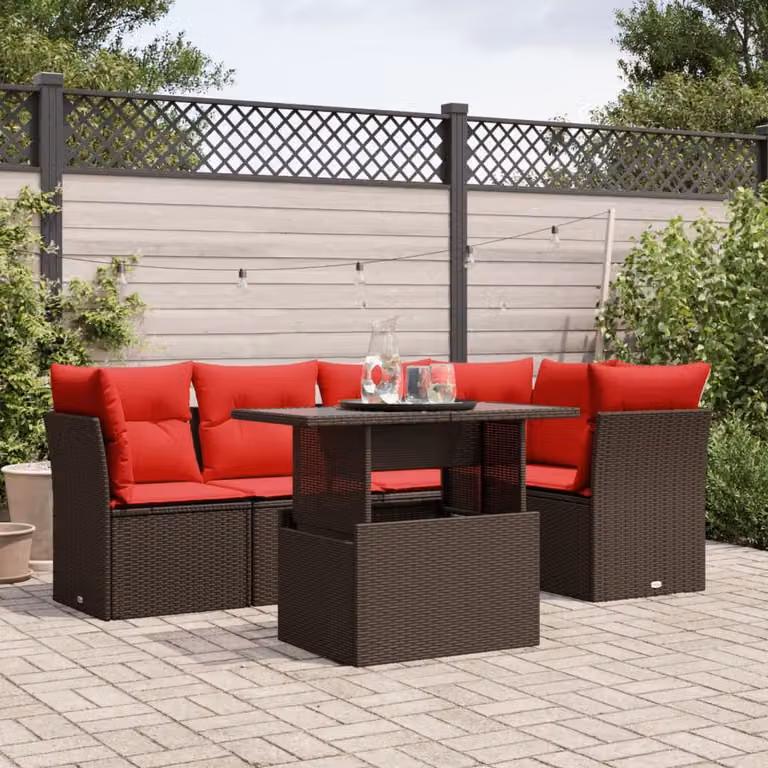 Set di divani da giardino vidaXL in polyrattan marrone con cuscini e tavolino da esterno, composizione a L per terrazzo e giardino