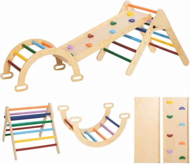 Struttura da arrampicata 5 in 1 per bambini con rampa, ponte e scala triangolare, 18-48 mesi, colorata.