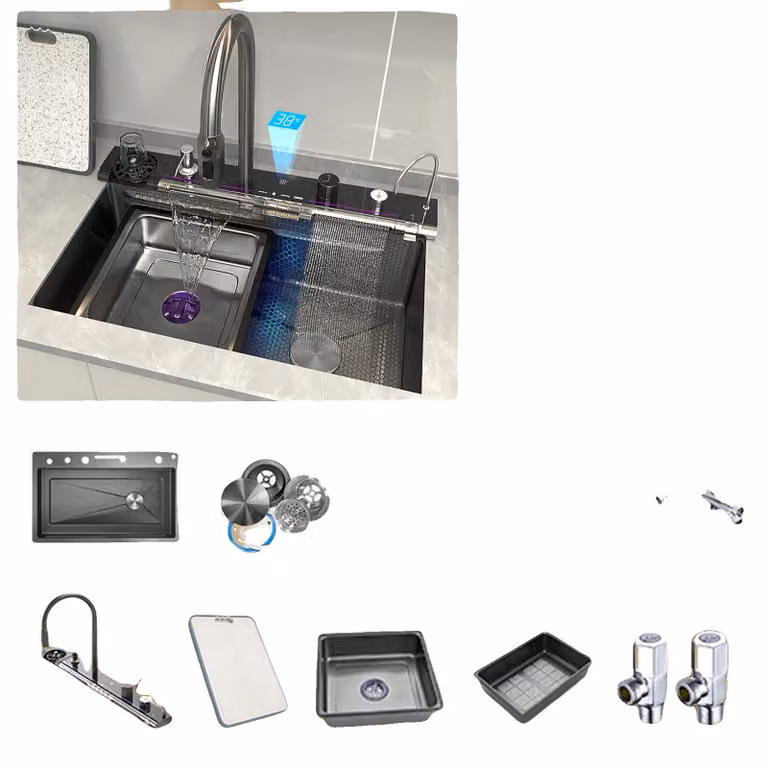 Lavello da cucina, acciaio inossidabile, vasca singola, modello 8046CM-N-SET, lato destro
