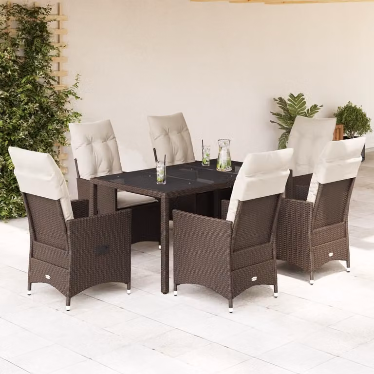 vidaXL Set da Pranzo da Giardino 7pz in Polyrattan Marrone con Cuscini Bianchi e Tavolo in Vetro