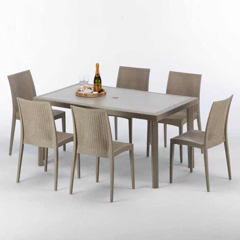 Tavolo rettangolare in polyrattan con 6 sedie colorate 150x90 Beige Marion