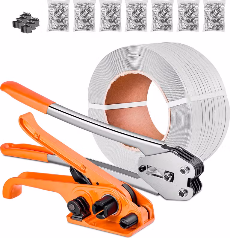 Set di reggiatura SucceBuy con robusto reggiatore, 975 m di nastro in PP, 1000 sigilli metallici e 50 protezioni angolari, set di imballaggio in plastica per magazzino, spedizione e traslochi