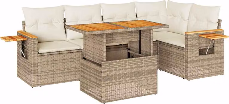 Set Divano da Giardino 6 pz con Cuscini Beige Polyrattan Acacia
