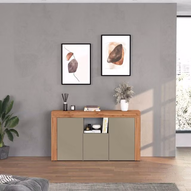 WHOUS Credenza Chronos 3 ante e 1 vano tortora opaco e rovere 155x40x85 cm