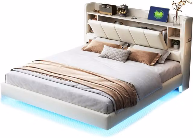 Letto matrimoniale 160x200 cm con LED; presa USB e testiera contenitore in tessuto beige