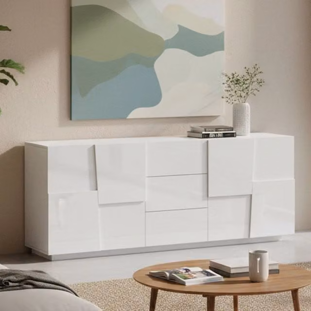 Credenza Astel, Buffet da soggiorno, Madia da salotto con 4 ante e 3 cassetti, 220x44h86 cm, Bianco lucido