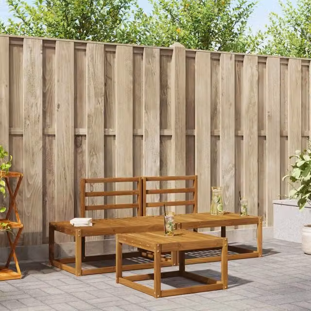 Set da giardino vidaXL composto da un divano a 3 posti, un divano a 2 posti e un tavolino da caffè in legno di acacia massello color marrone con cuscini inclusi