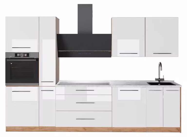 Cucina componibile Vicco Fame-Line Bianco lucido/Rovere dorato 310 cm, PL Marmo, Model 64310