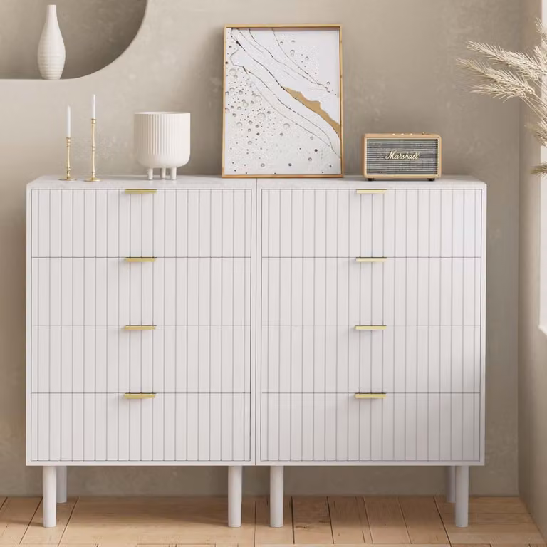 Comodino con 8 cassetti, dimensioni 120 x 34 x 94 cm, aspetto marmorizzato, bianco, set da 2