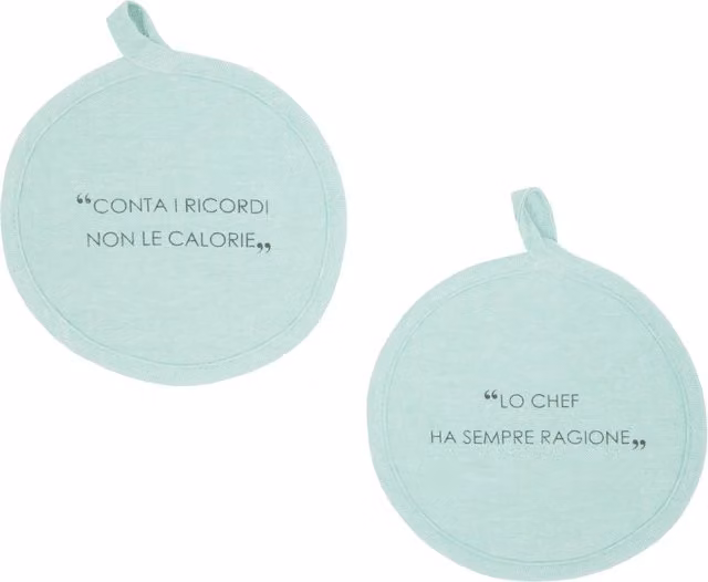 Set di 2 presine tonde Kasanova in cotone verde con scritta Quotes, diametro 17 cm