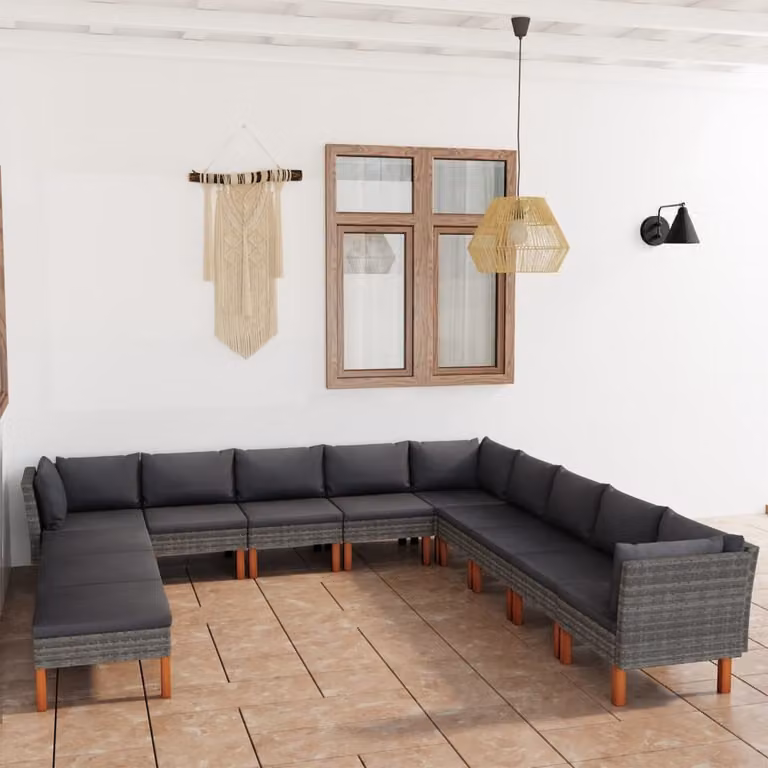 The Living Store Set salotto da giardino 12 pezzi con cuscini in poly rattan grigio