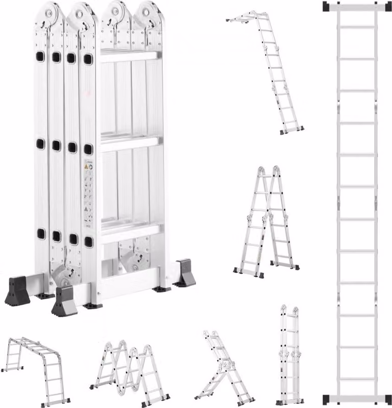 Scala pieghevole multiuso 7 in 1, 3 gradini, sbraccio di 12 piedi, design robusto, uso versatile, ideale per progetti di lavoro e domestici