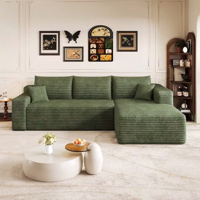 Divano angolare effetto nuvola 241x151x58 cm; 3 posti; divano profondo in velluto senza montaggio per soggiorno; verde