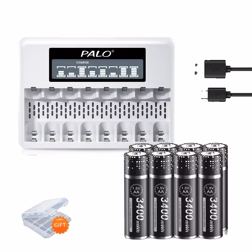 Batteria ricaricabile AA da 3400 mAh, caricabatterie a 8 slot, fino a 1800 cicli di carica, 8 batterie AA e 1 caricabatterie