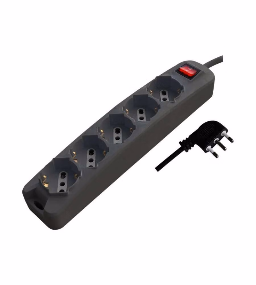 Multipresa V-TAC con 5 Prese 10/16A 2P+T Bipasso/Schuko, Interruttore Generale Luminoso e Cavo da 1,5m, Grigio