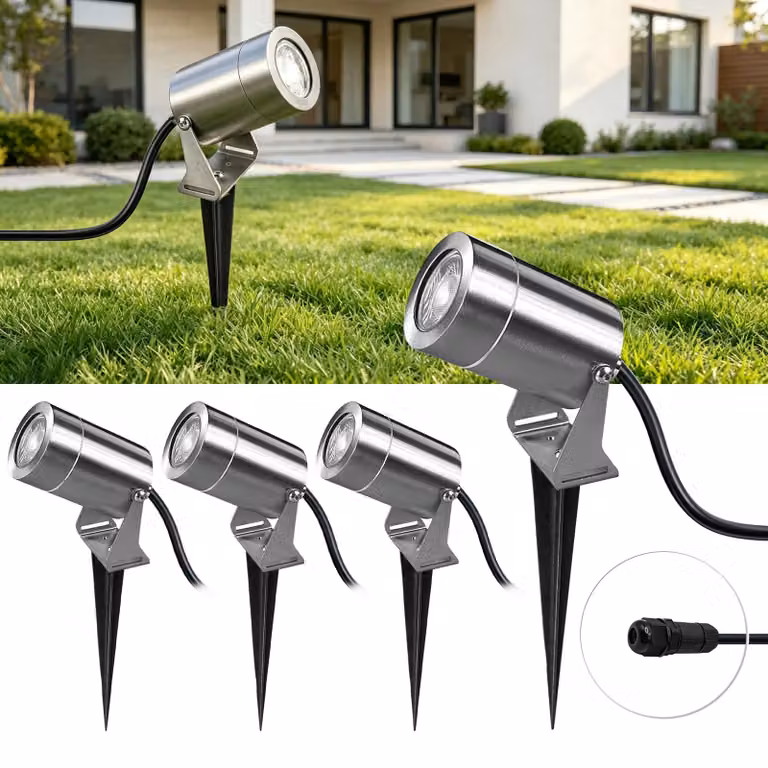 Set di 4 luci da esterno in acciaio inossidabile, con tecnologia LED, attacco GU10, potenza 5W, temperatura di colore 3000K, grado di protezione IP65
