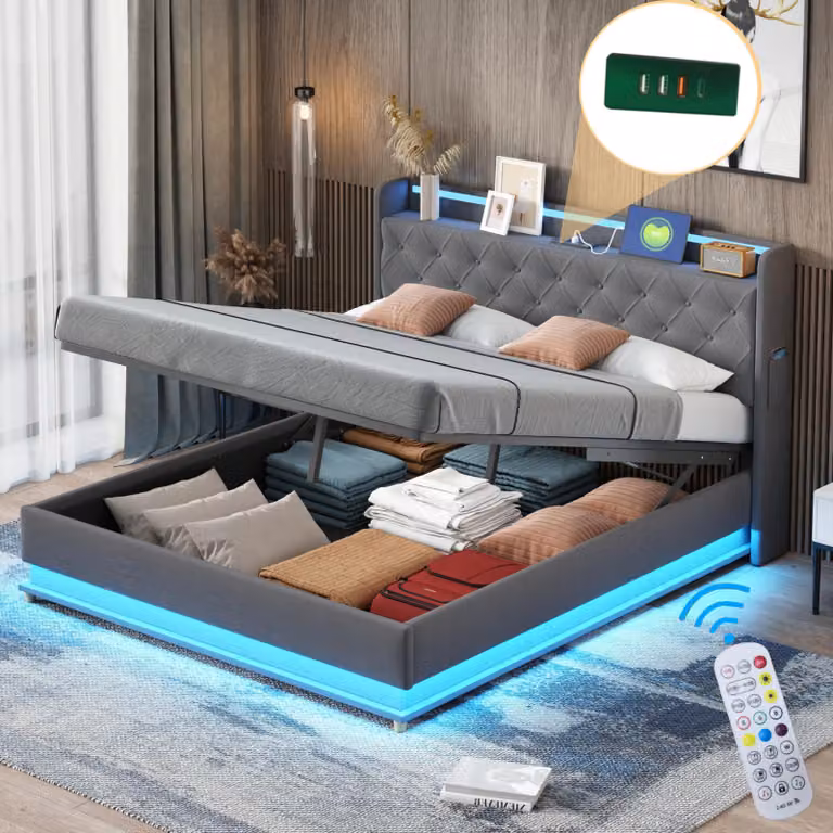 Letto imbottito a LED 160x200 cm con connessione di ricarica USB e contenitore idraulico, tessuto di lino skin-friendly grigio