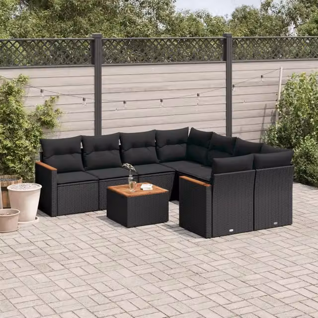 Set Divani da Giardino 9 pz con Cuscini Nero in Polyrattan 3225824