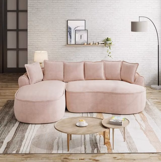 Divano modulare senza struttura in ciniglia rosa; 2 moduli; chaise longue e funzione letto