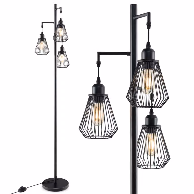 COSTWAY lampada da terra 169cm, lampada da terra con 3 paralumi, interruttore a pedale e base stabile, lampada da lettura moderna nera (conica)
