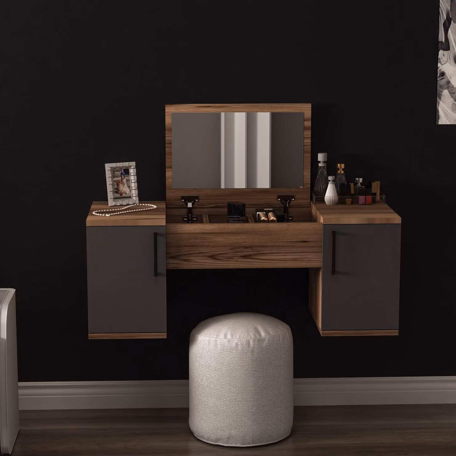 Skye Decor, Mercan - Noce chiaro, Antracite, Tavolino da toilette, legno di noce chiaro, pannello di legno rivestito al 100 % di melamina, 100 x 35,5 x 74,1 cm