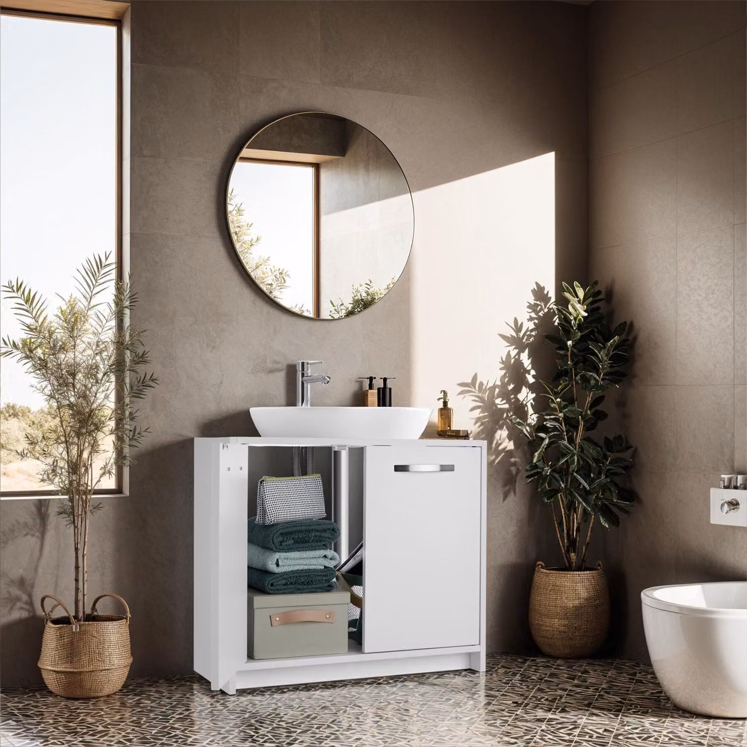 Mobile sotto lavabo Katalina Tectake bianco con ante scorrevoli e ripiani interni – 2