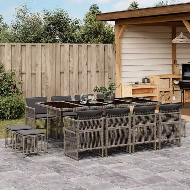 Set da Pranzo da Giardino 13pz con Cuscini Grigio in Polyrattan 3210980
