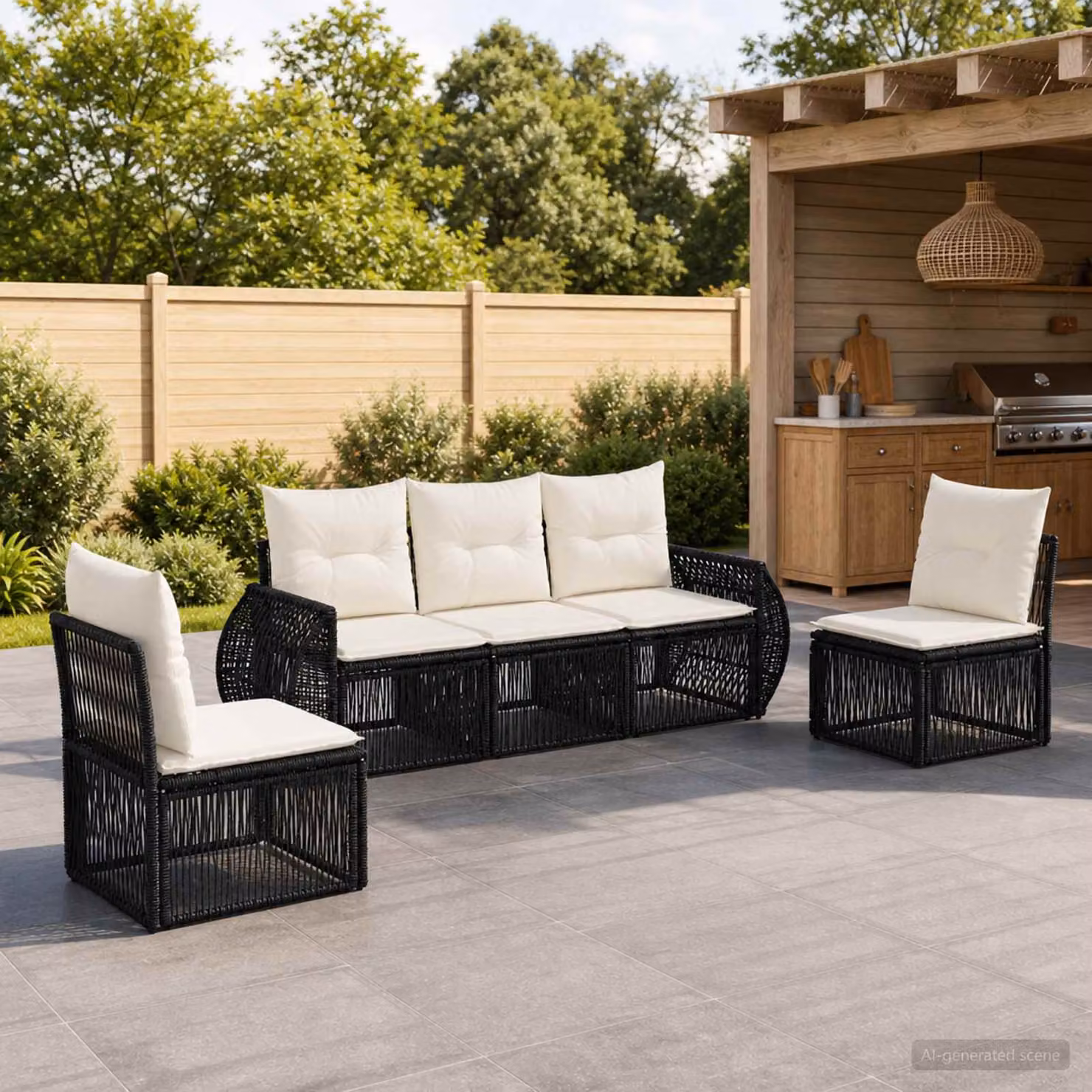 Set Divano da Giardino a L vidaXL in Polyrattan Nero e Bianco Crema con Cuscini e Struttura in Acciaio