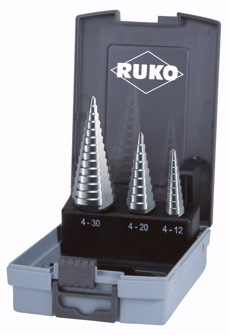 RUKO Set di punte a gradino HSS con 3 taglienti nelle misure 0/9, 1, 2 in confezione di plastica - 3 pezzi - 101326RO