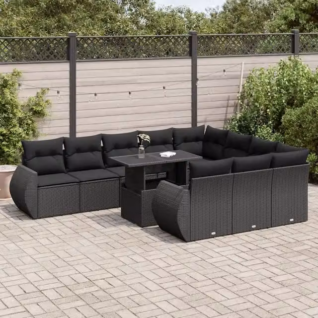 Set di divani da giardino a forma di U vidaXL in polyrattan nero con 11 pezzi e cuscini inclusi – 1