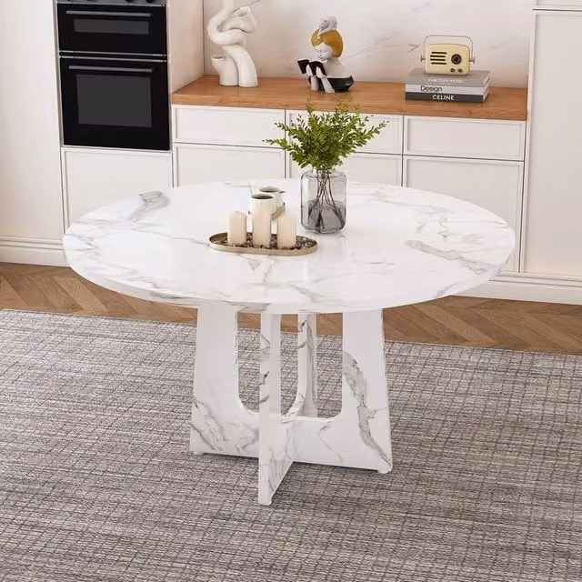 Tavolo da pranzo rotondo Minimal con effetto marmo bianco in MDF per 4 persone, Diametro: 120 cm, Altezza: 76 cm – 1