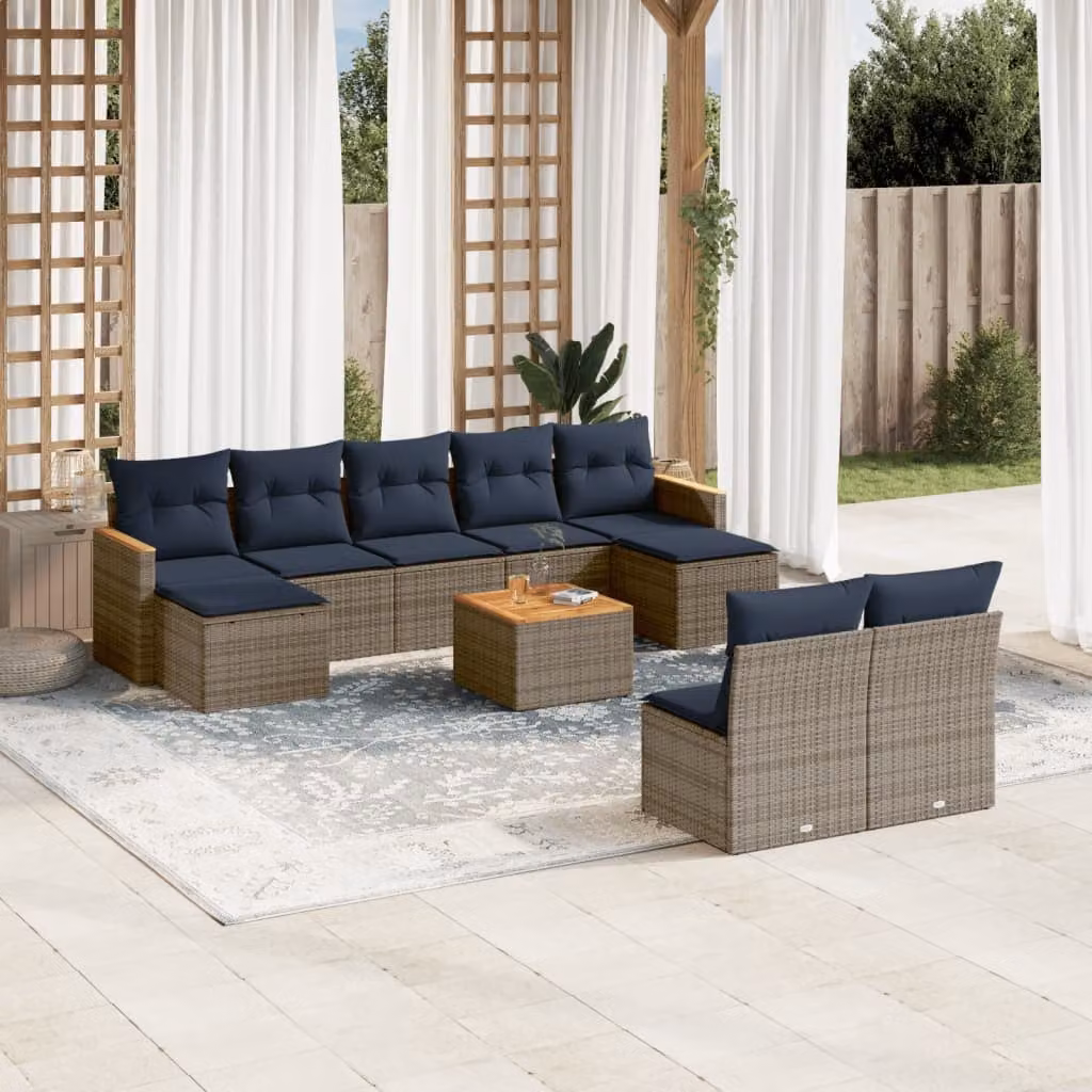 Set di divani da giardino vidaXL a forma di U composto da 10 pezzi con cuscini grigi e blu in rattan e struttura in metallo con tavolino da caffè e pouf