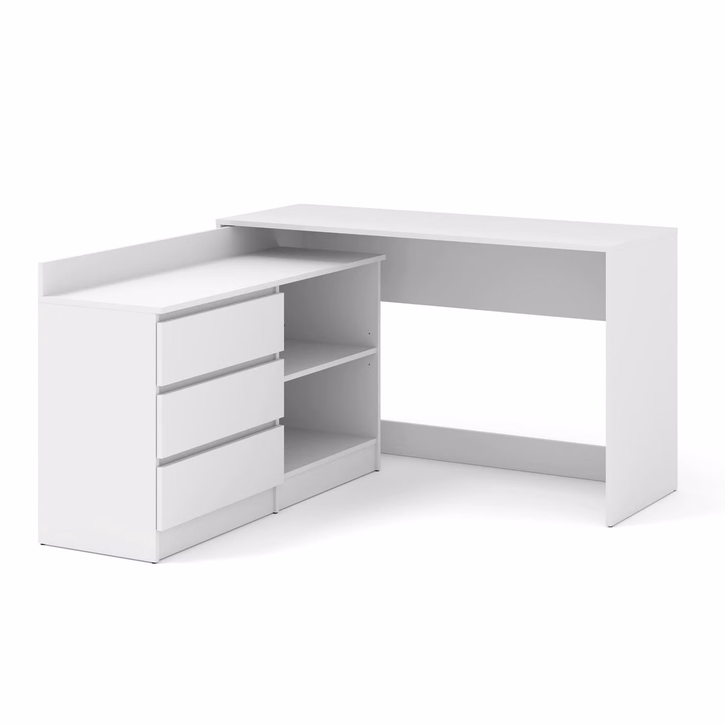 Scrivania angolare da ufficio Homlando, dimensioni 130 x 120 cm, estendibile, con cassettiera a 3 cassetti, colore bianco