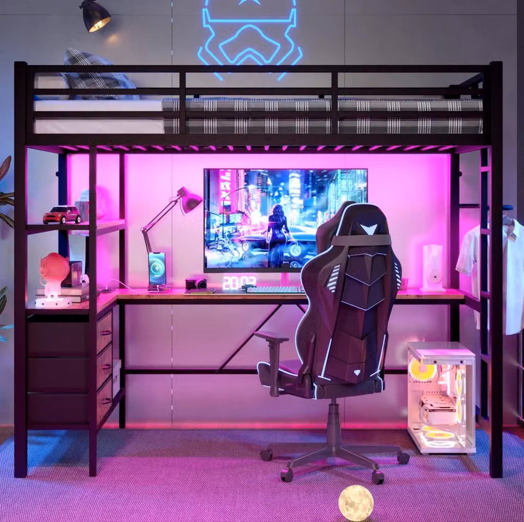 Letto a soppalco singolo nero con scrivania, cassetti, illuminazione LED e porta USB, L/P/H: 90 x 200 x 240 cm – 2