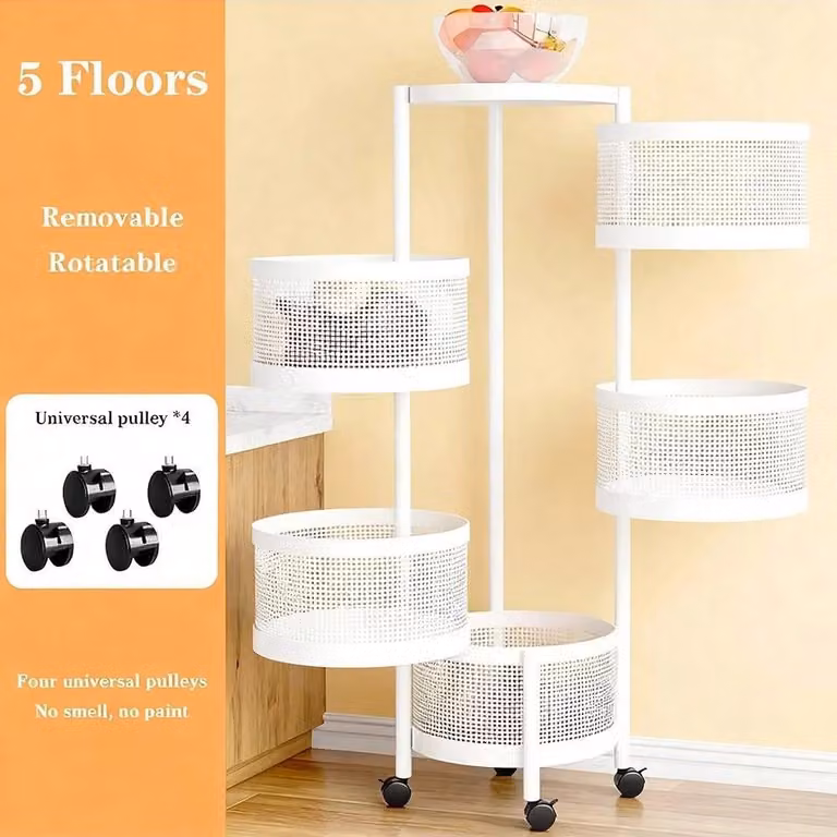 Scaffale girevole - Scaffale a 5 ripiani con cestini - Girevole a 360° - Metallo - Cestini estraibili - Per frutta e verdura - Bianco