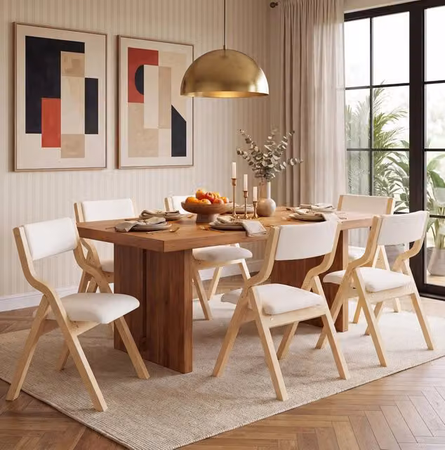 Set di 6 sedie da pranzo pieghevoli in legno massello e lino beige