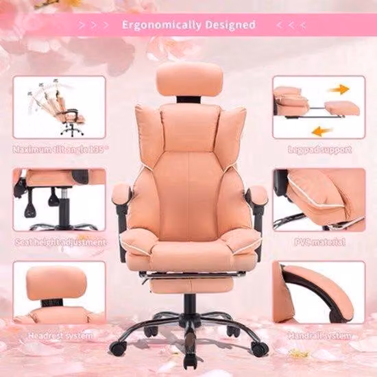 Sedia da gaming – Poggiapiedi regolabile – Supporto lombare ergonomico – Rivestimento in ecopelle – Rotella girevole – Comoda – Colore kaki con dettagli bianchi