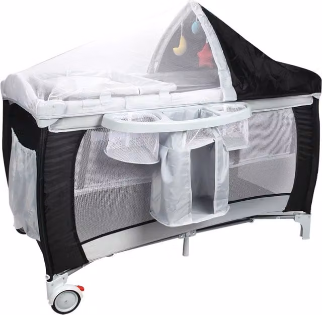 Culla pieghevole Design Mania con zanzariera e due livelli regolabili, colore nero, L: 120 cm, P: 60 cm, H: 76 cm – 1