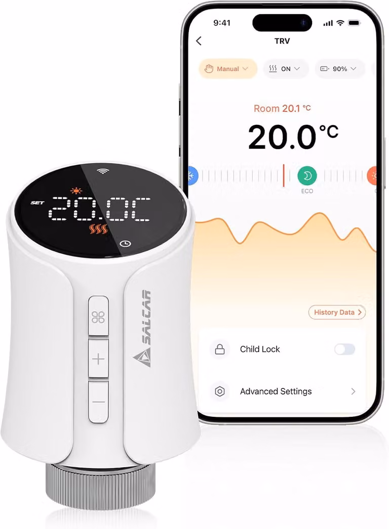 Termostato per radiatori Smart Home con controllo del riscaldamento via Wi-Fi, display LCD, alimentazione a batteria, comando vocale, compatibile con Alexa e Google Assistant
