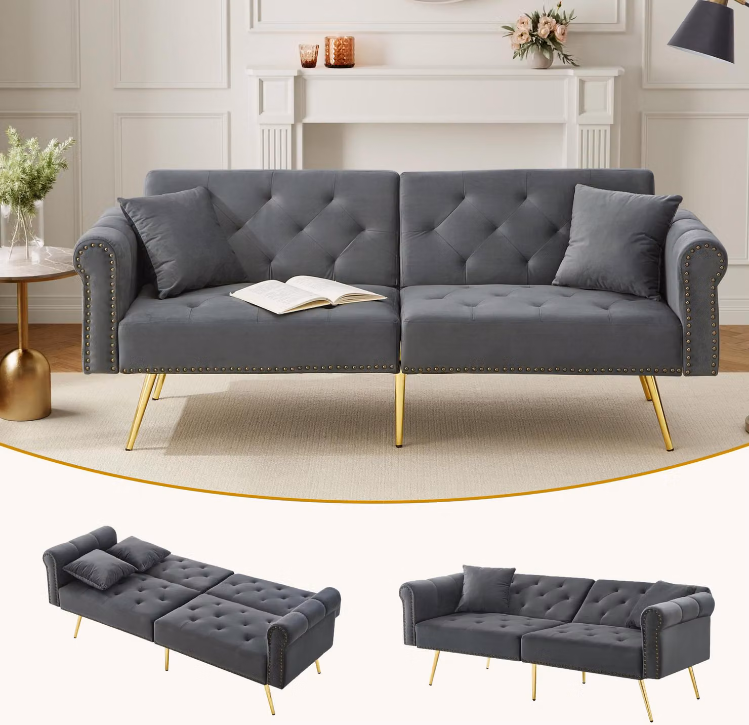 Fortuna Lai Divano letto moderno a 2 posti – rivestimento in velluto, schienale regolabile in 3 posizioni e piedini in metallo dorato Elegante divano con funzione letto – salvaspazio, resistente, ideale per spazi ridotti